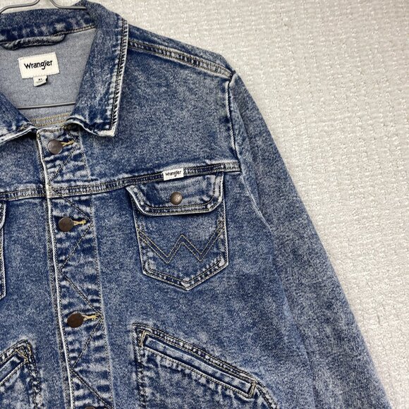 Y2K Wrangler Blue Denim Jean Jacket Women’s XL Trucker Distressed Pockets - Picture 4 of 14
